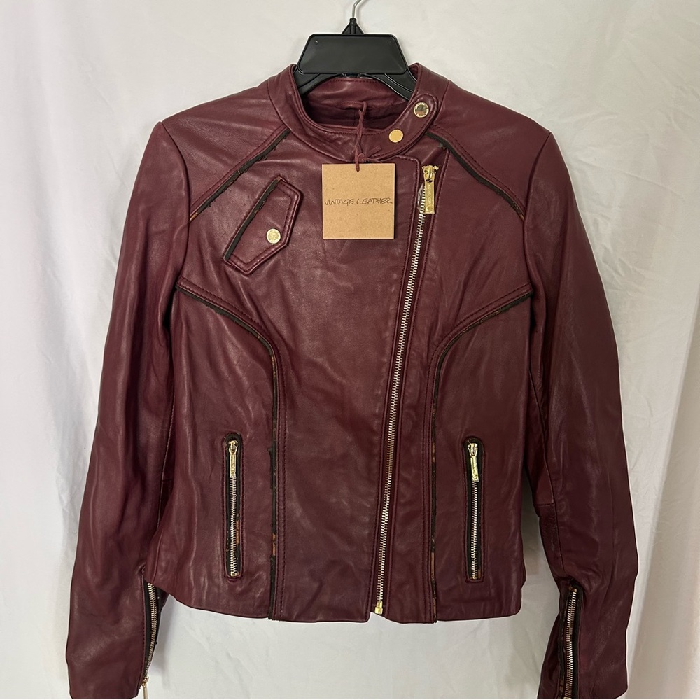Michael Kors Biker Jacket Burgundy Gold Hardware Zipped Pockets Snap Women’s M